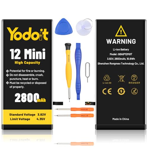 Yodoit 2800 mAh Akku für Phone 12 Mini, verbesserter Ersatzakku mit hoher Kapazität, 0 Zyklen für Modell A2176, A2398, A2399, A2400 mit vollständigen Reparaturwerkzeug-Kits von Yodoit