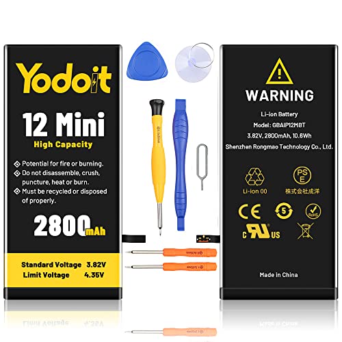 Yodoit 2800 mAh Akku für Phone 12 Mini, verbesserter Ersatzakku mit hoher Kapazität, 0 Zyklen für Modell A2176, A2398, A2399, A2400 mit vollständigen von Yodoit