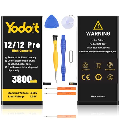 Yodoit 3800 mAh Akku für iPhone 12/12 Pro, hohe Kapazität, Ersatzakku, 0 Zyklen, mit kompletten Reparaturwerkzeug-Kits, Kompatibel mit A2172, A2402, A2404, A2403, A2341, A2406, A2408, A2407 von Yodoit