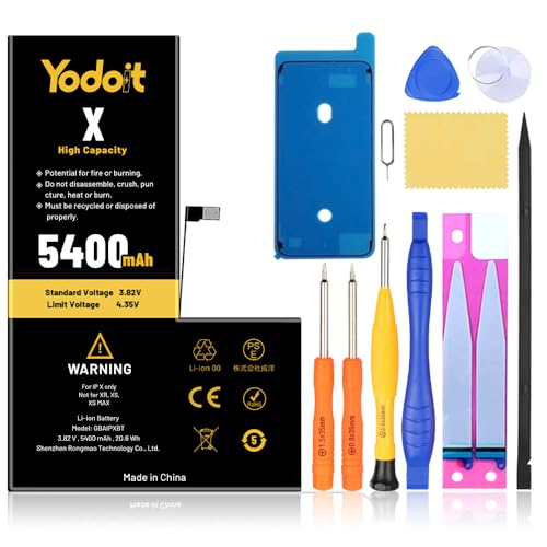 Yodoit 5400 mAh Akku für iPhone X (A1865, A1901, A1902), hohe Kapazität, 0 Zyklen, mit Reparaturwerkzeug-Sets und Klebstoff von Yodoit