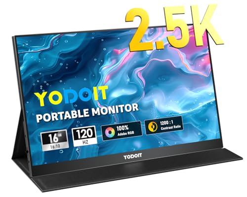 Yodoit Portable Monitor 16" 2.5K QHD 120 Hz Monitor Bildschirm IPS 2560x1600 16:10 Display mit USB Typ C und eingebauten Lautsprechern mit Smart Cover Kompatibel mit PC, Laptop, MacBook, Xbox von Yodoit