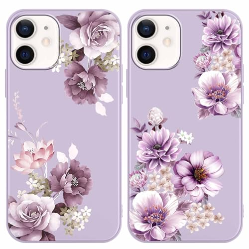 Yoedge 2 Stück Blume HandyHülle für iPhone 12 / iPhone 12 Pro Hülle 6,1", Schutzhülle für iPhone 12 Case 3D Lila Blumen Muster Design Aesthetic Mädchen Frauen Geschenk Weich Silikon Stoßfest Cover von Yoedge