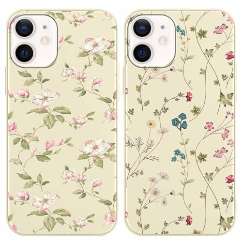 Yoedge 2 Stück Blume HandyHülle für iPhone 12 / iPhone 12 Pro Hülle 6,1", Schutzhülle für iPhone 12 Case Blumen Gras Muster Design Aesthetic Mädchen Frauen Geschenk Weich TPU Silikon Stoßfest Cover von Yoedge