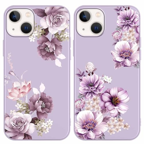 Yoedge 2 Stück Blume HandyHülle für iPhone 13 Mini Hülle 5,4", Schutzhülle für iPhone 13 Mini Case 3D Lila Blumen Muster Design Aesthetic Mädchen Frauen Geschenk Weich Silikon Stoßfest Cover von Yoedge