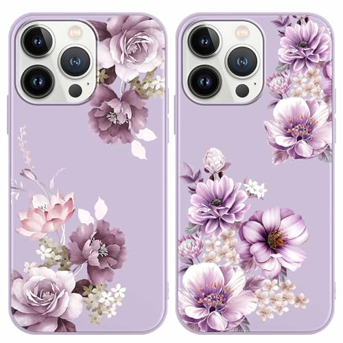 Yoedge 2 Stück Blume HandyHülle für iPhone 13 Pro Hülle 6,1", Schutzhülle für iPhone 13 Pro Case 3D Lila Blumen Muster Design Aesthetic Mädchen Frauen Geschenk Weich Silikon Stoßfest Cover von Yoedge