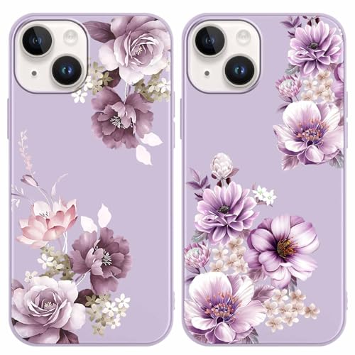 Yoedge 2 Stück Blume HandyHülle für iPhone 15 Hülle 6,1", Schutzhülle für iPhone 15 Case 3D Lila Blumen Muster Design Aesthetic Mädchen Frauen Geschenk Weich Silikon Stoßfest Cover von Yoedge