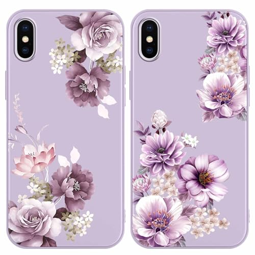 Yoedge 2 Stück Blume HandyHülle für iPhone X/iPhone XS Hülle 5,8", Schutzhülle für iPhone XS Case 3D Lila Blumen Muster Design Aesthetic Mädchen Frauen Geschenk Weich Silikon Stoßfest Cover von Yoedge