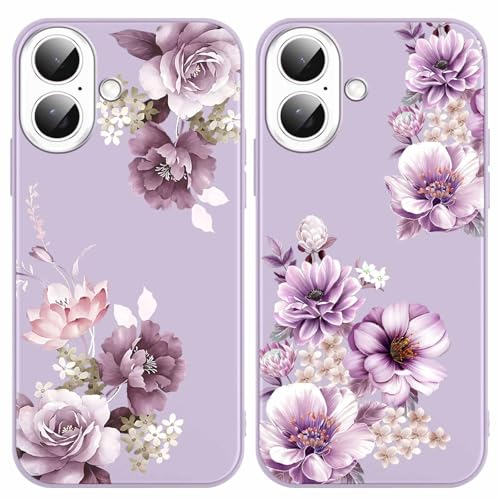 Yoedge 2 Stück Blumen HandyHülle für iPhone 16 Plus Hülle 6,7", Schutzhülle für iPhone 16 Plus Case 3D Lila Blumen Muster Design Aesthetic Mädchen Frauen Geschenk Weich Silikon Stoßfest Cover von Yoedge