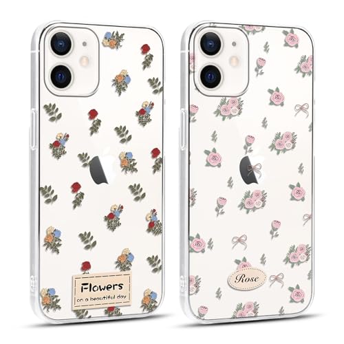 Yoedge 2 Stück HandyHülle für iPhone 12 Mini Hülle 5,4", Aesthetic Blumen Muster Flower Design Mädchen Junge Geschenk, Transparent Silikon Stoßfest Bumper Cover Schutzhülle für iPhone 12Mini Case von Yoedge