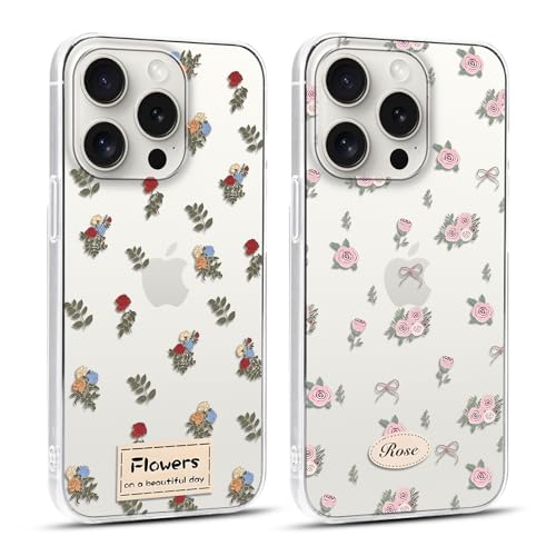 Yoedge 2 Stück HandyHülle für iPhone 15 Pro Hülle 6,1", Aesthetic Blumen Muster Flower Design Mädchen Junge Geschenk, Transparent Weich Silikon Stoßfest Bumper Cover Schutzhülle für iPhone 15Pro Case von Yoedge