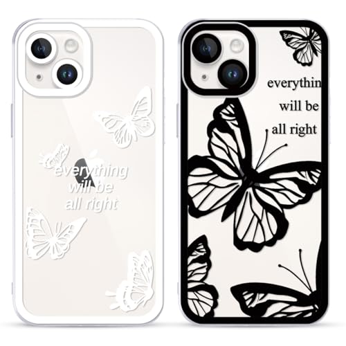 Yoedge 2 Stück Transparent HandyHülle für iPhone 14 Hülle, Schmetterling Muster Design Frauen Mädchen Aesthetic Handyhülle Dünn Weich Silikon TPU Kameraschutz Stoßfest Schutzhülle für iPhone 14 6,1" von Yoedge