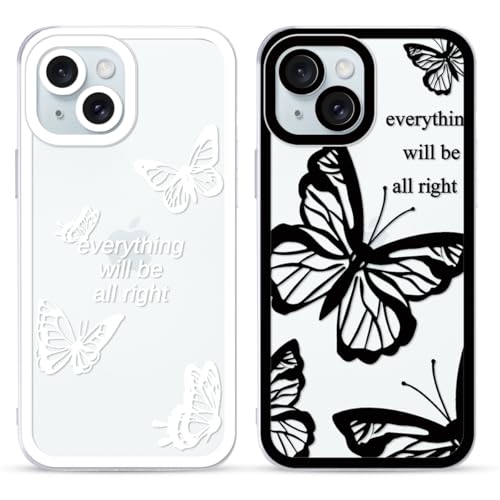 Yoedge 2 Stück Transparent HandyHülle für iPhone 15 Plus Hülle 6,7", Schmetterling Muster Design Frauen Mädchen Aesthetic Handyhülle Dünn Weich Silikon Slim TPU Kameraschutz Stoßfest Schutzhülle von Yoedge