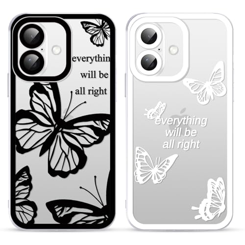 Yoedge 2 Stück Transparent HandyHülle für iPhone 16 Hülle, Schmetterling Muster Design Frauen Mädchen Aesthetic Handyhülle Dünn Silikon Slim TPU Kameraschutz Stoßfest Schutzhülle für iPhone 16 6,1" von Yoedge