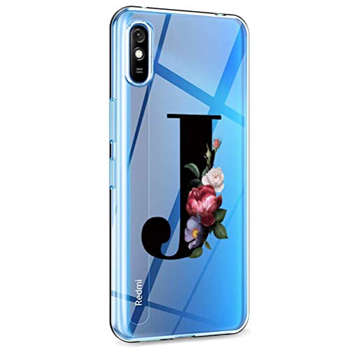 Yoedge 26 Buchstaben Muster durchsichtige Hülle Kompatibel mit Xiaomi Redmi 9A 4G 6.53", [stoßabsorbierend] Anti-Kratzer Transparente Dünne Flüssigsilikon Soft rutschfest TPU Handyhülle Back Cover-J von Yoedge