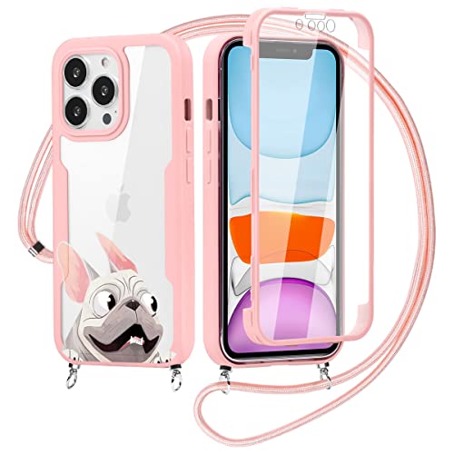 Yoedge 360 Grad Handyhülle Handykette für Samsung Galaxy A12 4G 6,5",Necklace Silikon TPU Fullbody Schutzhülle mit Integriertem Displayschutz Transparent Stoßfest Hülle mit Band zum Umhängen-Bulldogge von Yoedge