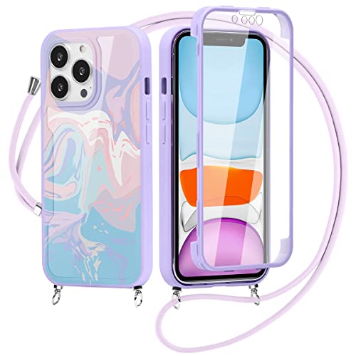 Yoedge 360 Grad Handyhülle Handykette für Samsung Galaxy A22 5G 6,6",Necklace Silikon TPU Fullbody Schutzhülle mit Integriertem Displayschutz Transparent Stoßfest Hülle mit Band zum Umhängen -Marmor 3 von Yoedge