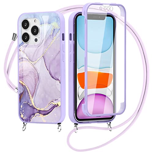 Yoedge 360 Grad Handyhülle Handykette für Samsung Galaxy A22 5G 6,6",Necklace Silikon TPU Fullbody Schutzhülle mit Integriertem Displayschutz Transparent Stoßfest Hülle mit Band zum Umhängen -Marmor 4 von Yoedge