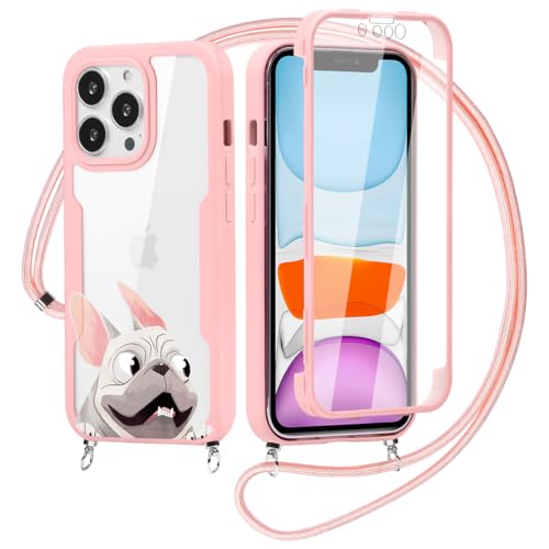 Yoedge 360 Grad Handyhülle Handykette für Xiaomi Redmi 12C 4G 6,71", Necklace Silikon TPU Fullbody Schutzhülle mit Integriertem Displayschutz Transparent Stoßfest Hülle mit Band zum Umhängen-Bulldogge von Yoedge