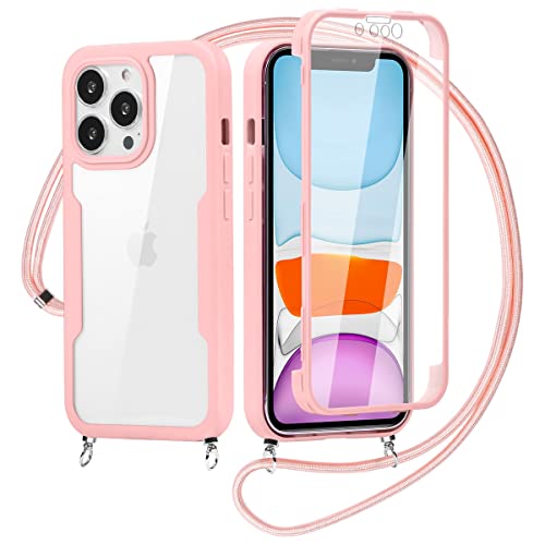 Yoedge 360 Grad Handyhülle Handykette für iPhone 13 Mini 5,4", Necklace Silikon TPU Fullbody Schutzhülle mit Integriertem Displayschutz Transparent Stoßfest Hülle mit Band zum Umhängen - Rosa von Yoedge