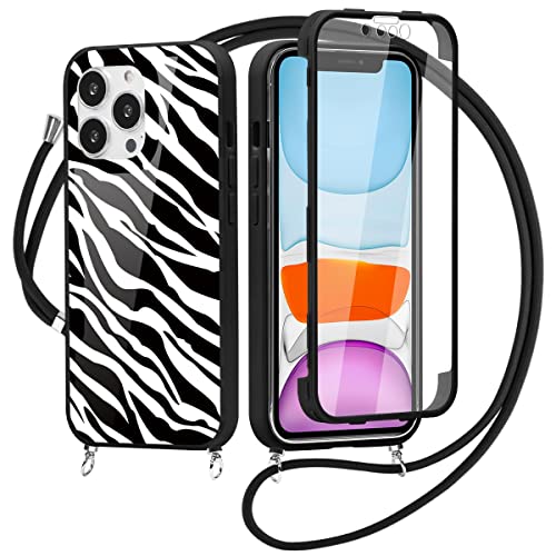Yoedge 360 Grad Handyhülle Handykette für iPhone 7 Plus/8 Plus 5,5", Necklace Silikon TPU Fullbody Schutzhülle mit Integriertem Displayschutz Transparent Stoßfest Hülle mit Band zum Umhängen - Zebra von Yoedge