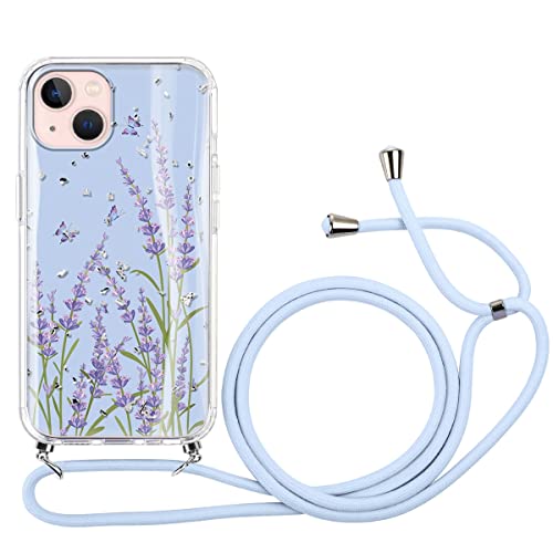 Yoedge Glitzer Handykette Hülle mit Band für Apple iPhone 13 mini 5,4",Handyhülle mit Schnur Necklace,Transparent Silikon Kordel zum Umhängen mit Muster Stoßfest Schutzhülle für iPhone13 mini,Lavendel von Yoedge