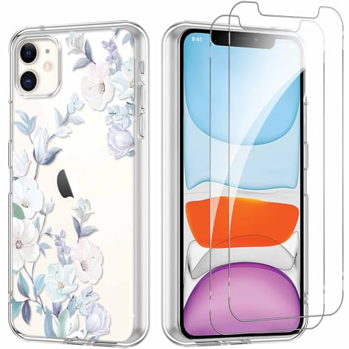 Yoedge Handyhülle für iPhone 11 6,1'' Hülle mit 2 Stück Schutzfolie Schutzglas, Aesthetic Design Mädchen Muster Klare Schutzhülle, Dünne Silikon Transparent Hülle für iPhone 11, Blumen von Yoedge