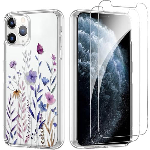 Yoedge Handyhülle für iPhone 11 Pro 5.8'' Hülle mit 2 Stück Schutzfolie Schutzglas, Aesthetic Design Mädchen Muster Klare Schutzhülle, Dünne Silikon Transparent Hülle für iPhone 11 Pro, Blätter von Yoedge