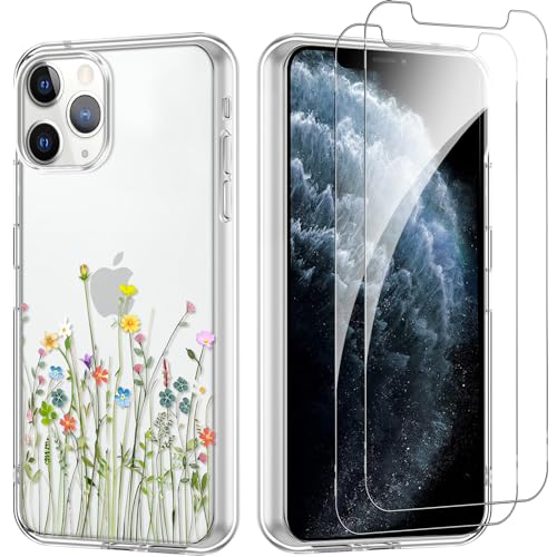 Yoedge Handyhülle für iPhone 11 Pro 5.8'' Hülle mit 2 Stück Schutzfolie Schutzglas, Aesthetic Design Mädchen Muster Klare Schutzhülle, Dünne Silikon Transparent Hülle für iPhone 11 Pro, Blume 03 von Yoedge