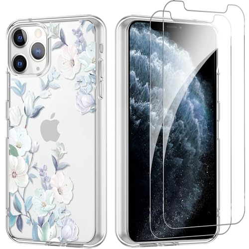 Yoedge Handyhülle für iPhone 11 Pro 5.8'' Hülle mit 2 Stück Schutzfolie Schutzglas, Aesthetic Design Mädchen Muster Klare Schutzhülle, Dünne Silikon Transparent Hülle für iPhone 11 Pro, Blumen von Yoedge