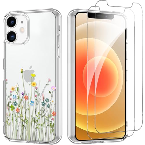 Yoedge Handyhülle für iPhone 12/12 Pro 6.1'' Hülle mit 2 Stück Schutzfolie Schutzglas, Aesthetic Design Mädchen Muster Klare Schutzhülle, Dünne Silikon Transparent Hülle für iPhone 12 Pro, Blume 03 von Yoedge