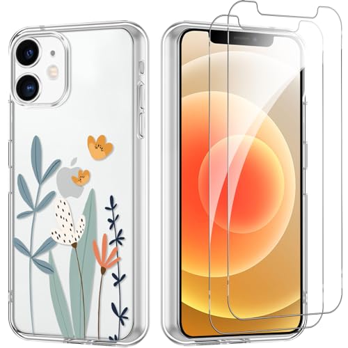 Yoedge Handyhülle für iPhone 12/12 Pro 6.1'' Hülle mit 2 Stück Schutzfolie Schutzglas, Aesthetic Design Mädchen Muster Klare Schutzhülle, Dünne Silikon Transparent Hülle für iPhone 12 Pro, Blume 02 von Yoedge