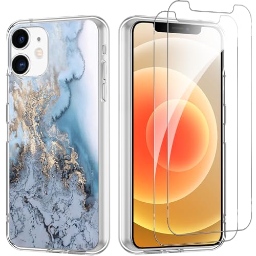 Yoedge Handyhülle für iPhone 12/12 Pro 6.1'' Hülle mit 2 Stück Schutzfolie Schutzglas, Aesthetic Design Mädchen Muster Klare Schutzhülle, Dünne Silikon Transparent Hülle für iPhone 12 Pro, Marmor von Yoedge