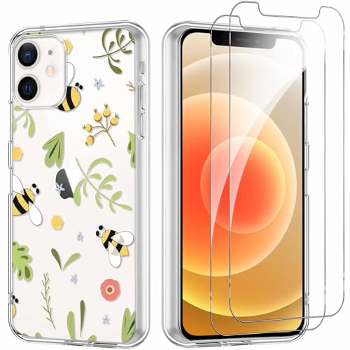 Yoedge Hülle für iPhone 12/iPhone 12 Pro 6,1'' mit 2 Stück Schutzfolie, Aesthetic Design Biene, Dünne Silikon Transparent Hülle, Kamera- und Bildschirmschutz, TPU Material, Standard Case von Yoedge