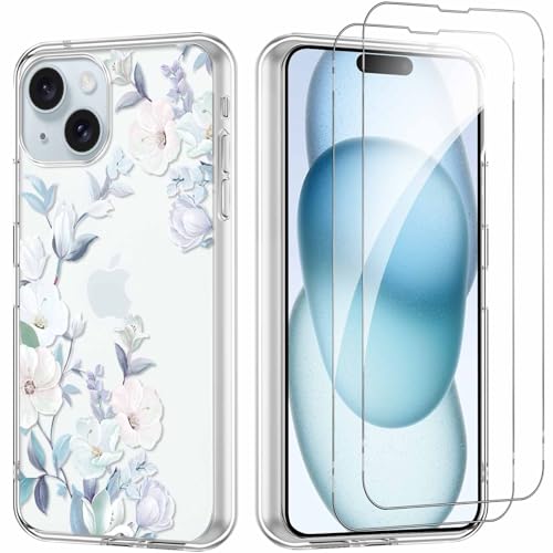 Yoedge Handyhülle für iPhone 15 6,1'' Hülle mit 2 Stück Schutzfolie Schutzglas, Aesthetic Design Mädchen Muster Klare Schutzhülle, Dünne Silikon Transparent Hülle für iPhone 15, Blumen von Yoedge