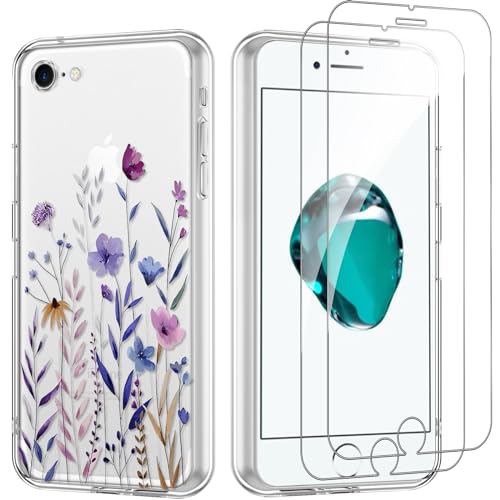 Yoedge Handyhülle für iPhone 7 Plus/8 Plus 5.5'' Hülle mit 2 Stück Schutzfolie Schutzglas, Aesthetic Design Mädchen Muster Klare Schutzhülle, Dünne Silikon Transparent Hülle für iPhone 8 Plus, Blätter von Yoedge