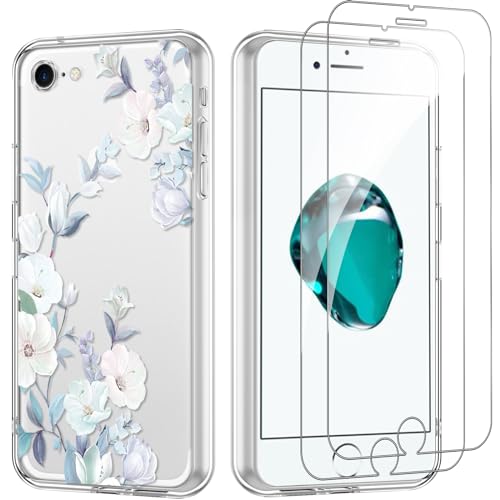 Yoedge Handyhülle für iPhone 8/7/SE 2022/SE 2020 4.7'' Hülle mit 2 Stück Schutzfolie Schutzglas, Aesthetic Design Mädchen Muster Klare Schutzhülle, Dünne Silikon Transparent Hülle für iPhone 8, Blumen von Yoedge