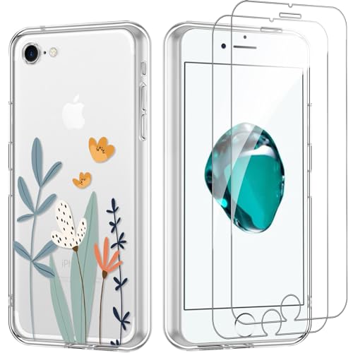 Yoedge Handyhülle für iPhone 8/7/SE 2022/SE 2020 4.7'' Hülle mit 2 Stück Schutzfolie Schutzglas, Aesthetic Design Mädchen Muster Klare Schutzhülle, Silikon Transparent Hülle für iPhone 8, Blume 02 von Yoedge