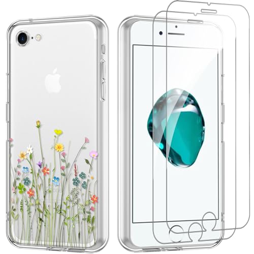 Yoedge Handyhülle für iPhone 8/7/SE 2022/SE 2020 4.7'' Hülle mit 2 Stück Schutzfolie Schutzglas, Aesthetic Design Mädchen Muster Klare Schutzhülle, Silikon Transparent Hülle für iPhone 8, Blume 03 von Yoedge