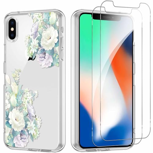 Yoedge Handyhülle für iPhone X/XS 5,8'' Hülle mit 2 Stück Schutzfolie Schutzglas, Aesthetic Design Mädchen Muster Klare Schutzhülle, Dünne Silikon Transparent Hülle für iPhone XS, Blume 04 von Yoedge