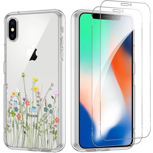 Yoedge Handyhülle für iPhone X/XS 5.8'' Hülle mit 2 Stück Schutzfolie Schutzglas, Aesthetic Design Mädchen Muster Klare Schutzhülle, Dünne Silikon Transparent Hülle für iPhone X/XS, Blume 03 von Yoedge