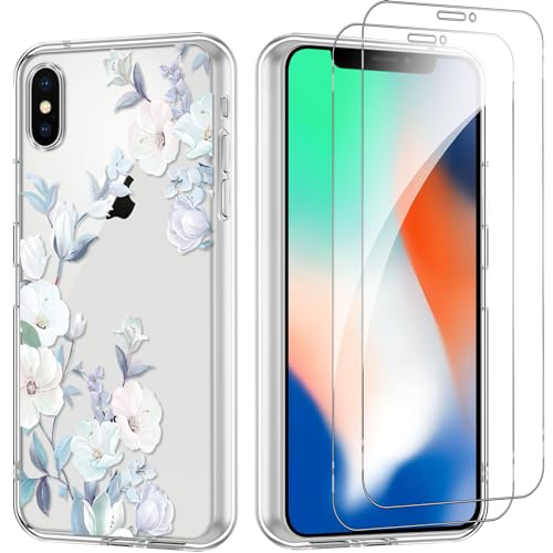 Yoedge Handyhülle für iPhone X/XS 5.8'' Hülle mit 2 Stück Schutzfolie Schutzglas, Aesthetic Design Mädchen Muster Klare Schutzhülle, Dünne Silikon Transparent Hülle für iPhone X/XS, Blumen von Yoedge