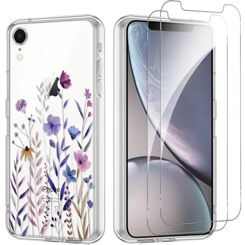 Yoedge Handyhülle für iPhone XR 6.1'' Hülle mit 2 Stück Schutzfolie Schutzglas, Aesthetic Design Mädchen Muster Klare Schutzhülle, Dünne Silikon Transparent Hülle für iPhone XR, Blätter von Yoedge