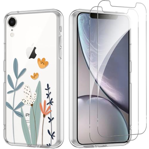 Yoedge Handyhülle für iPhone XR 6.1'' Hülle mit 2 Stück Schutzfolie Schutzglas, Aesthetic Design Mädchen Muster Klare Schutzhülle, Dünne Silikon Transparent Hülle für iPhone XR, Blume 02 von Yoedge