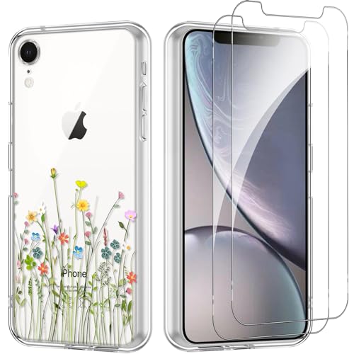 Yoedge Handyhülle für iPhone XR 6.1'' Hülle mit 2 Stück Schutzfolie Schutzglas, Aesthetic Design Mädchen Muster Klare Schutzhülle, Dünne Silikon Transparent Hülle für iPhone XR, Blume 03 von Yoedge