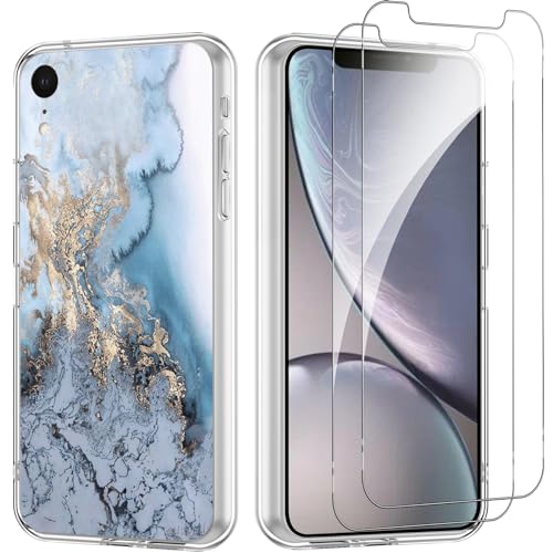 Yoedge Handyhülle für iPhone XR 6.1'' Hülle mit 2 Stück Schutzfolie Schutzglas, Aesthetic Design Mädchen Muster Klare Schutzhülle, Dünne Silikon Transparent Hülle für iPhone XR, Marmor von Yoedge