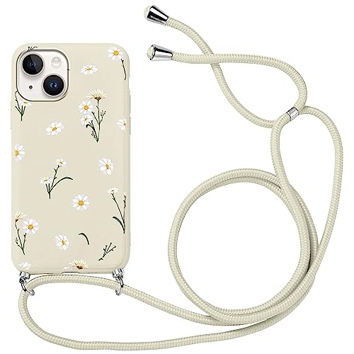 Yoedge Handykette Handyhülle für Xiaomi Redmi 9A(4G)/9AT 6,53" Hülle mit Band zum Umhängen Einstellbar Kordel Aesthetic Case mit Blumen Muster, Weich TPU Silikon Stoßfest Schutzhülle Cover, Weiß von Yoedge