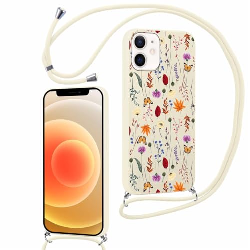Yoedge Schutzhülle für iPhone 12/iPhone 12 Pro mit Kordel, 6,1 Zoll, dünn, weich, Silikon, TPU, Schutzhülle mit ästhetischem Motiv, stoßfest, Bumper mit verstellbarem Band, Blume 1 von Yoedge