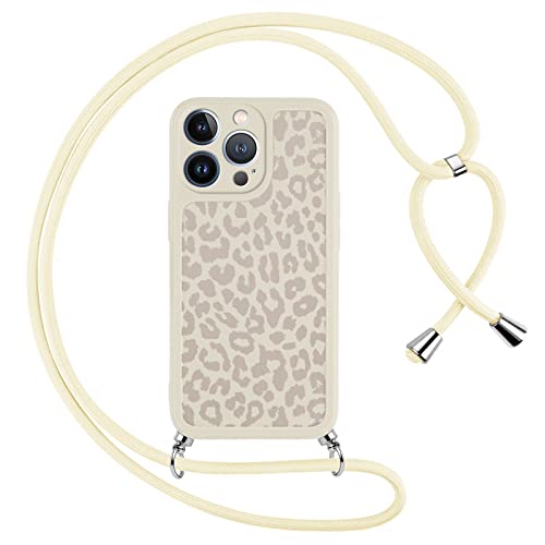 Yoedge Handykette Handyhülle für iPhone 13 Pro Hülle mit Band 6,1", Smartphone Necklace Schutzhülle mit Kordel zum Umhängen, Weich TPU Cremeweiß Silikon Leoparden Motiv Muster Stoßfest Bumper Case von Yoedge