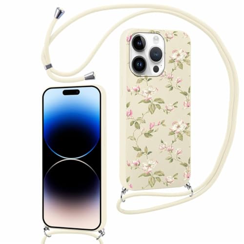 Yoedge Schutzhülle für iPhone 14 Pro mit Kordel, 6,1 Zoll, dünn, weich, Silikon, TPU, Schutzhülle mit ästhetischem Motiv, stoßfest, Bumper mit verstellbarem Umhängeband, für iPhone 14 Pro, Blume 3 von Yoedge