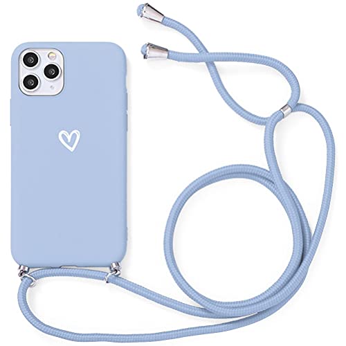 Yoedge Schutzhülle mit Kordel für Apple iPhone 12, weiches TPU-Silikon, matt, stoßfest, mit verstellbarem Band, tragbar, Herz, weiß, Motiv für iPhone 12 (6,1 Zoll), Blau von Yoedge